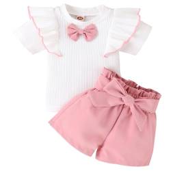 Kleinkind Mädchen Herbst Outfit 2 Stück Kleine Mädchen Winter Gerippt Rüschen Langarm Top Faltenrock Kleidung Set Weiß Rosa Bekleidung (Kurzarm + Shorts, 2-3Y) von Winmany