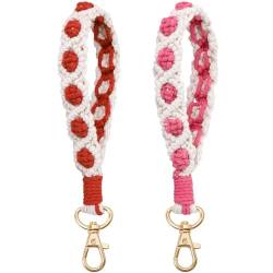Makramee-Armband, Schlüsselanhänger, Gänseblümchen-Design, handgefertigt, Boho-Seil, Schlüsselanhänger, Handyhalter für Frauen und Mädchen, 2 Stück, Rot+Rose, 15 cm von Winmany