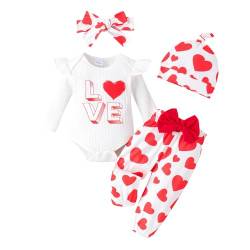 Winmany 4PCS Baby Mädchen Strampler Outfits Set Kleinkind Valentinstag lange Ärmel Top Hose Kleidung Kleinkind Liebe Herz Bodysuit (4, Weiß Rot, 3-6M) von Winmany