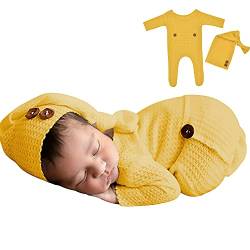 Winmany Baby Häkeln Strick Foto Fotografie Requisiten Outfits, 2PCS Neugeborene Foto Prop Strampler Hüte Kostüm Kleinkind Zubehör für 0-2 Monate (Gelb) von Winmany