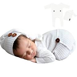 Winmany Baby Häkeln Strick Foto Fotografie Requisiten Outfits, 2PCS Neugeborene Foto Prop Strampler Hüte Kostüm Kleinkind Zubehör für 0-2 Monate (Weiß) von Winmany