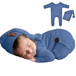 Winmany Baby Häkeln Strick Foto Fotografie Requisiten Outfits, 2PCS Neugeborene Foto Prop Strampler Hüte Kostüm Kleinkind Zubehör für 0-2 Monate (blau) von Winmany