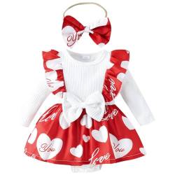 Winmany Baby Mädchen Valentinstag Outfit Set Kleinkind Rüschen Langarm Strampler Kleinkind Herz Print Kleid mit Bogen Stirnband (0-3M, Weiß, 2) von Winmany