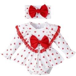 Winmany Baby Mädchen Valentinstag Outfit Set Kleinkind Rüschen Langarm Strampler Kleinkind Herz Print Kleid mit Bogen Stirnband (12-18M, Kleines Herz, 2) von Winmany