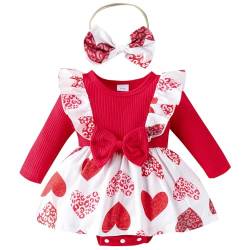 Winmany Baby Mädchen Valentinstag Outfit Set Kleinkind Rüschen Langarm Strampler Kleinkind Herz Print Kleid mit Bogen Stirnband (12-18M, Rot, 2) von Winmany