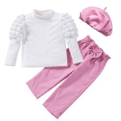 Winmany Kleine Mädchen Herbst Outfits mit Barett Hut 3 PCS Kleinkind Mädchen Puff lange Ärmel Top rosa Hose Kleidung Set für 1-6 Jahre (Rose, 4-5Y) von Winmany