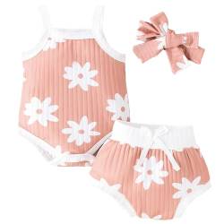 Winmany Neugeborenes Baby Mädchen Sommer Outfits Set Säugling Gänseblümchen Hosenträger Strampler Tank Top ärmelloses Shirt Shorts Kleidung + Stirnband (3, Rosa, 6-12M) von Winmany