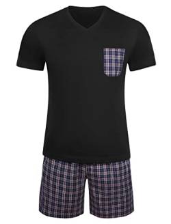 Winovia Herren Schlafanzug Kurz Pyjama 100% Baumwolle Kurzarm Nachtwäsche Shorty Schlafanzug Nightwear Set mit Karierter Hose Schwarz M von Winovia