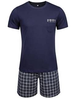 Winovia Schlafanzug Herren Kurz Pyjama 100% Baumwolle Kurzarm Nachtwäsche Nightwear Set mit Rundhals Design und Karierter Hose Dunkelblau XL von Winovia