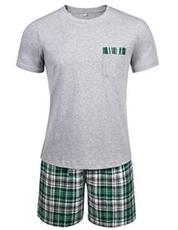 Winovia Schlafanzug Herren Kurz Pyjama 100% Baumwolle Kurzarm Nachtwäsche Nightwear Set mit Rundhals Design und Karierter Hose Grau M von Winovia