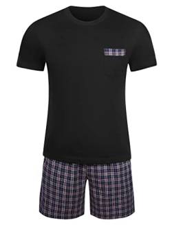 Winovia Schlafanzug Herren Kurz Pyjama 100% Baumwolle Kurzarm Nachtwäsche Nightwear Set mit Rundhals Design und Karierter Hose Schwarz XL von Winovia