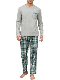 Winovia Schlafanzug Herren Lang Pyjama 100% Baumwolle Langarm Nachtwäsche Sleepwear Nightwear Set mit Rundhals Design und Karierter Hose Grau XXL von Winovia