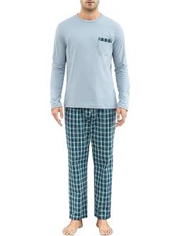 Winovia Schlafanzug Herren Lang Pyjama 100% Baumwolle Langarm Nachtwäsche Sleepwear Nightwear Set mit Rundhals Design und Karierter Hose Hellblau M von Winovia