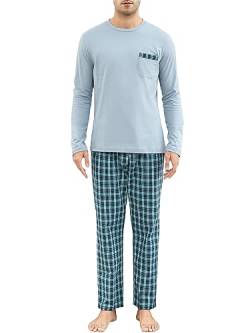 Winovia Schlafanzug Herren Lang Pyjama 100% Baumwolle Langarm Nachtwäsche Sleepwear Nightwear Set mit Rundhals Design und Karierter Hose Hellblau XXL von Winovia