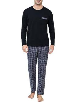 Winovia Schlafanzug Herren Lang Pyjama 100% Baumwolle Langarm Nachtwäsche Sleepwear Nightwear Set mit Rundhals Design und Karierter Hose Schwarz M von Winovia