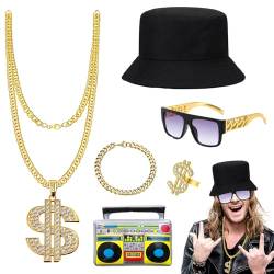 Zubehö Hip Hop, Rapper Zubehör, Accessoire mit Ring Gold Dollar, Dollarzeichen Goldkette, Aufblasbare Radio Boombox, Hip HopBrille, für Fasching & Karneval für 80er 90er von Winric