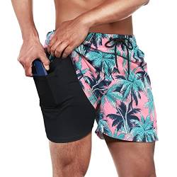 Winthome Badehose Herren Bequem Weich, Badeshorts Schnelltrocknend, Jogginghose Herren Kurz mit Reisverschlusstasche, Bademode mit Kompression Liner, Boardshorts Elastischen Bund (Kokosnusshain, L) von Winthome