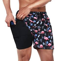 Winthome Badehose Herren Bequem Weich, Badeshorts Schnelltrocknend, Jogginghose Herren Kurz mit Reisverschlusstasche, Bademode mit Kompression Liner, Boardshorts Männer Elastischen Bund (Flamingo, XL) von Winthome