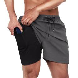 Winthome Badehose Herren Bequem Weich, Badeshorts Schnelltrocknend, Jogginghose Herren Kurz mit Reisverschlusstasche, Bademode mit Kompression Liner, Boardshorts Männer Elastischen Bund (Grau, L) von Winthome