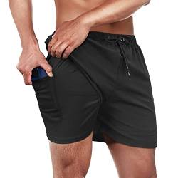 Winthome Badehose Herren Bequem Weich, Badeshorts Schnelltrocknend, Jogginghose Herren Kurz mit Reisverschlusstasche, Bademode mit Kompression Liner, Boardshorts Männer Elastischen Bund (Schwarz, L) von Winthome