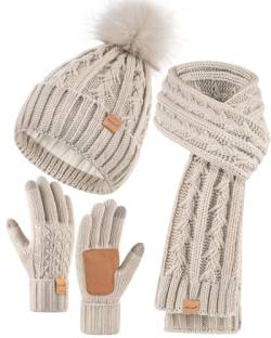 Damen-Beanie-Mütze, Schal, Handschuhe, Set, Fleece-gefütterte Wintermütze mit Bommel, langer Strickschal, Touchscreen-Handschuhe für kaltes Wetter, Haferflocken (Oatmeal), Einheitsgröße von Winuesa