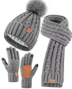Damen Beanie Mütze Schal Handschuhe Set, Fleece gefütterte Wintermütze mit Pom Pom, langer Strickschal, Touchscreen-Handschuhe für kaltes Wetter, GRAU, Einheitsgröße von Winuesa