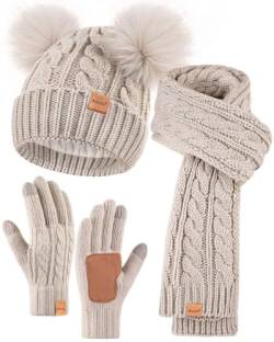 Winuesa Mütze, Schal & Handschuh-Sets für Damen, Beanie Mütze Damen Winter mit Bommel Fleece Gefütterte, Touchscreen Handschuhe Schal Mütze Damen 3 in 1 Set(Haferflocken) von Winuesa