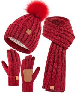 Winuesa Mütze, Schal & Handschuh-Sets für Damen, Beanie Mütze Damen Winter mit Bommel Fleece Gefütterte, Touchscreen Handschuhe Schal Wärmer Mütze Damen 3 in 1 Set(Burgund) von Winuesa