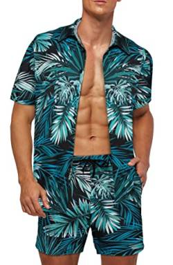 Herren Hawaiihemd und Shorts Set Tropisches Blumen Strandhemd Set Casual Aloha Hawaiian Kurzarm Anzüge Sommer Party Button Down Blumenhemd 2 Stück Outfits, blau / grün, L von Wirltte