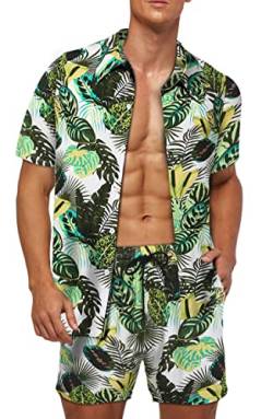 Herren Hawaiihemd und Shorts Set Tropisches Blumen Strandhemd Set Casual Aloha Hawaiian Kurzarm Anzüge Sommer Party Button Down Blumenhemd 2 Stück Outfits, grün, XL von Wirltte