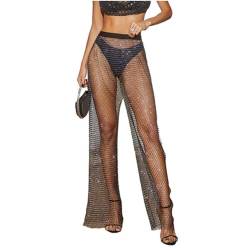 Wisafory Damen Netzhose mit Strasssteinen Mesh Lange Hosen Schlaghose Sexy Perspektive Aushöhlen Bikini Cover up Strandhose Glitzer Bikinihosen Fischnetz Leggings Hohe Taille Bein Hose von Wisafory