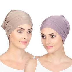 Wisebom 2 Stücke Chemo Mütze Damen, Dünne Beanie Mütze Lila Khaki, Chemo Hut Weich Leicht, Schlafmütze Haarausfall für Frauen Damen von Wisebom