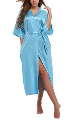 WitBuy Langer Damen-Bademantel aus Satin, Kimonos mit Taschen, einfarbig, Nachtwäsche, Nachthemd, kurze Ärmel, Übergröße, Blau, XX-Large von WitBuy