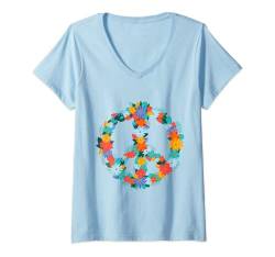 Damen Peace Zeichen Spruch Frieden Hippie 90er 80er Grafik Geschen T-Shirt mit V-Ausschnitt von Witzige und Lustige Sprüche