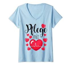 Damen Pflege Spruch Geschenk Pflege Mit Herz Altenpflege Krankenpf T-Shirt mit V-Ausschnitt von Witzige und Lustige Sprüche