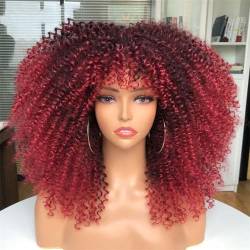 16" Lockige Perücken Mit Pony Für Schwarze Frauen Synthetische Kurze Afro-Perücke Ombre Red Glueless Cosplay Heat Hair von Wjnvfioo