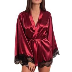 Wjnvfioo Damen-Nachthemd aus Satin, Seide, Spitze, sexy, langärmelig, Sommer-Nachthemd, wein, 36 von Wjnvfioo