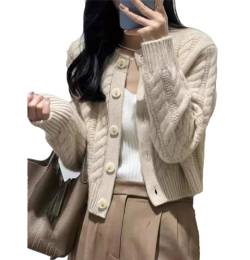 Wjnvfioo Dicke Kaschmir Strickjacke Frauen Rundhals Twist Lose Faul Faul Kurz Wolle Strickpullover Mantel, beige, S von Wjnvfioo