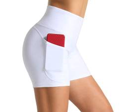 Wjustforu Biker-Shorts für Frauen Hohe Taille Yoga Shorts Damen Workout Running Shorts mit Seitentaschen - Weiß - Mittel von Wjustforu