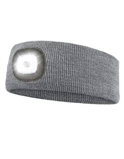Stirnband Damen Sport mit Licht, LED Stricken Headband für Herren Wiederaufladbare USB-Laufhut mit 3-stufiger Helligkeit für Radfahren, Camping, Wandern (Grau) von Wmcaps