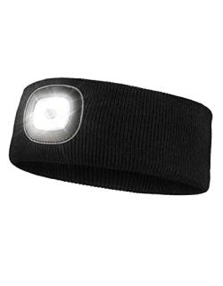 Stirnband Damen Sport mit Licht, LED Stricken Headband für Herren Wiederaufladbare USB-Laufhut mit 3-stufiger Helligkeit für Radfahren, Camping, Wandern (Schwarz) von Wmcaps