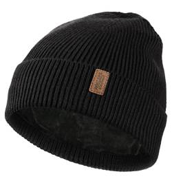 Wmcaps Beanie Mütze, Herren Winter Warme Unisex Wintermütze Strickmütze Dehnbare Weiche Wollmütze mit Bündchen und Dickem Warmem Futter Geschenke für Freundin männer Frauen (Schwarz) von Wmcaps