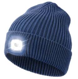 Wmcaps Mütze mit Led Licht, Strickmütze mit Licht Männer Geschenke Wiederaufladbare USB Laufmütze mit Licht Extrem Heller 4 LED Lampe Geschenke Männer Frauen (Navy Blau) von Wmcaps