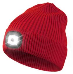 Wmcaps Mütze mit Led Licht, Strickmütze mit Licht Männer Geschenke Wiederaufladbare USB Laufmütze mit Licht Extrem Heller 4 LED Lampe Geschenke Männer Frauen Coole Sachen (Rot) von Wmcaps