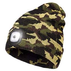 Wmcaps Mütze mit Licht LED, Wiederaufladbare USB Strickmütze mit Licht, Winter Warme Mütze Kappe, Scheinwerferkappe zum Camping, Joggen und Geschenke für Männer Frauen (Armeegrün) von Wmcaps