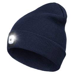 Wmcaps Mütze mit Licht LED, Wiederaufladbare USB Strickmütze mit Licht, Winter Warme Mütze Kappe, Scheinwerferkappe zum Camping, Joggen und Geschenke für Männer Frauen (Navy blau) von Wmcaps