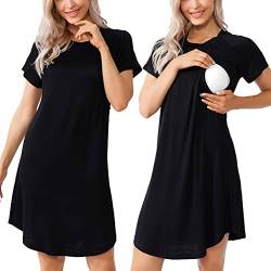 WoMear Damen Schlafshirts 3-in-1 Arbeit/Mutterschaft/Stillnachthemd, kurzärmelig, Stillkleid, XS-3XL, Pure Black, XXX-Large von WoMear