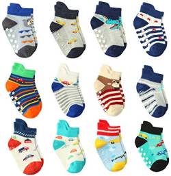 Wobon 12 Paar Kleinkind Jungen ABS Rutschfeste Socken Nette Baumwolle, Baby Jungen Anti Rutsch Socken (12 Paare, 3-5 Jahre) von Wobon