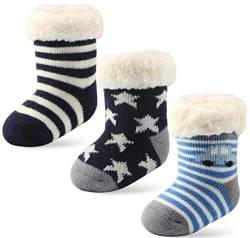 Wobon 3 Paar Kleinkind Jungen Fuzzy Socken mit Sherpa Futter, ABS Socken Anti Rutsch Baby Jungen Weihnachten Socken Kinder Slipper Socken (12-24 Monate, 3 Paar Jungen) von Wobon