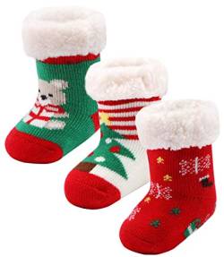 Wobon 3 Paar Kleinkind Mädchen Jungen Fuzzy Socken mit Sherpa Futter, ABS Socken Anti Rutsch Baby Jungen Weihnachten Socken Kinder Slipper Socken (12-24 Monate, 3 Paar Weihnachten B) von Wobon